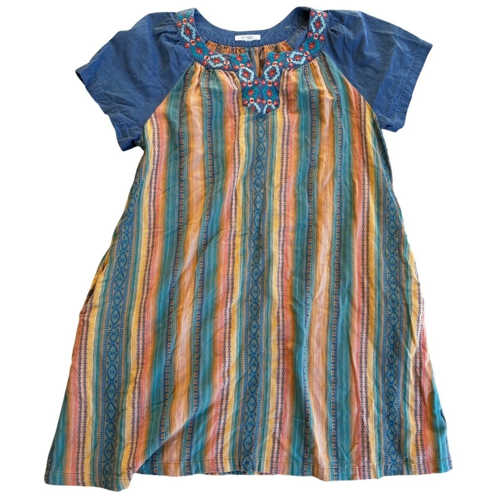 Boho Embroidered Striped‎ Go Softly Patio House Dress Lg mumu vintage